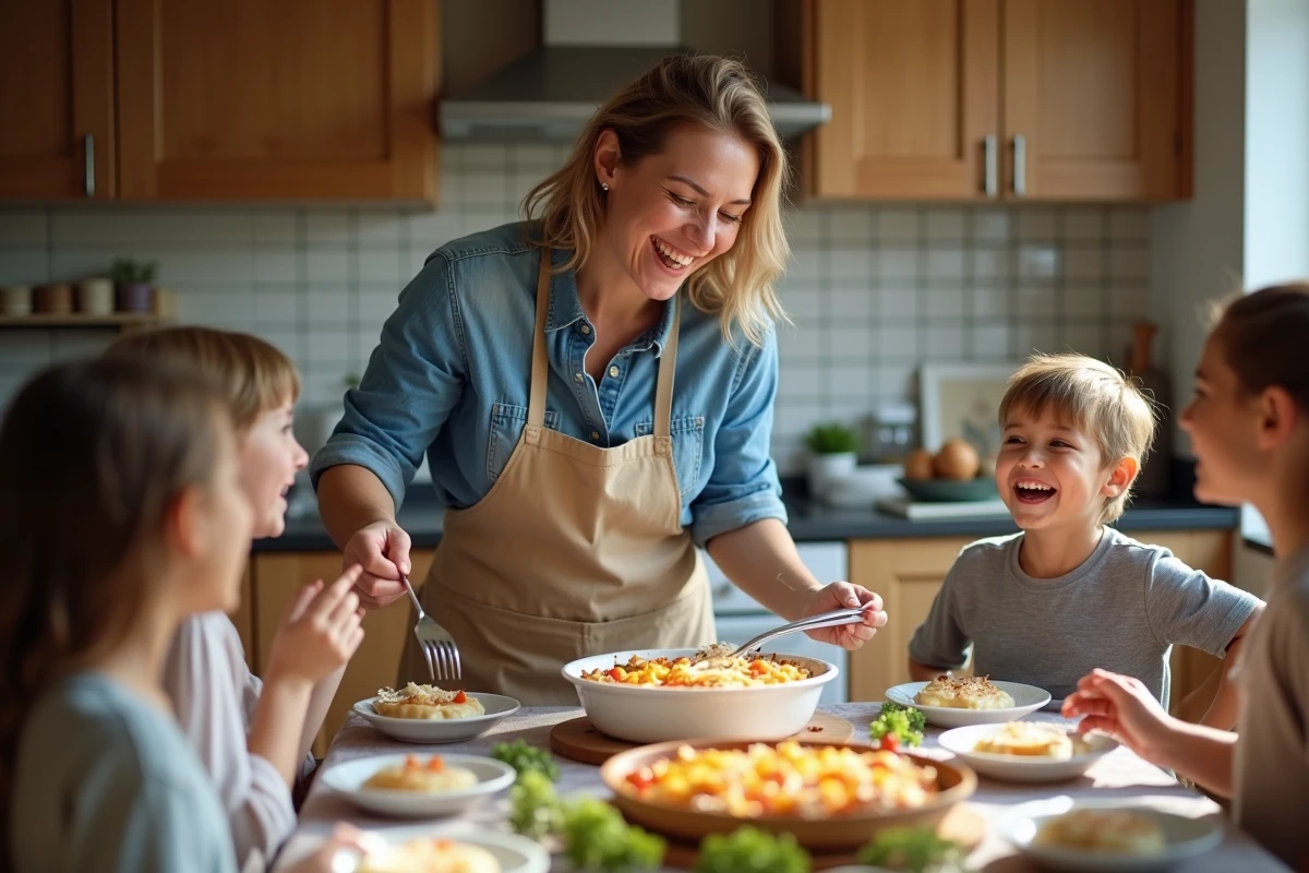 Femme souriante servant une casserole maison en famille