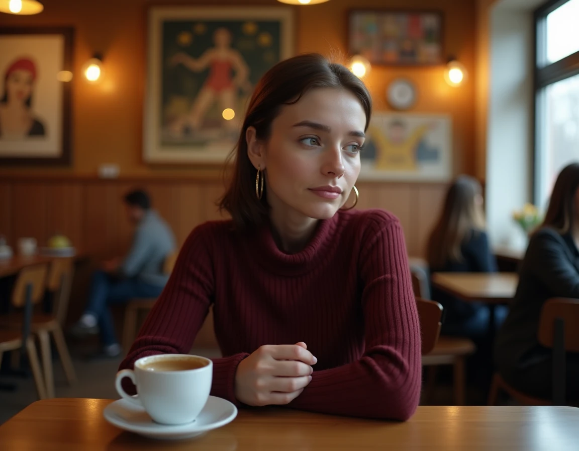 Femme seule et pensive dans un café, illustrant la solitude après une rupture amoureuse médiatisée