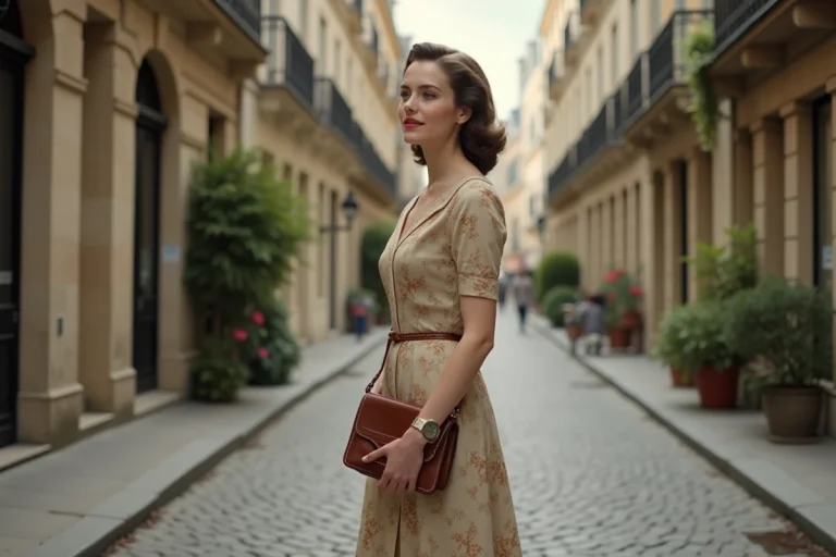 Femme en robe vintage 1940s dans une rue parisienne