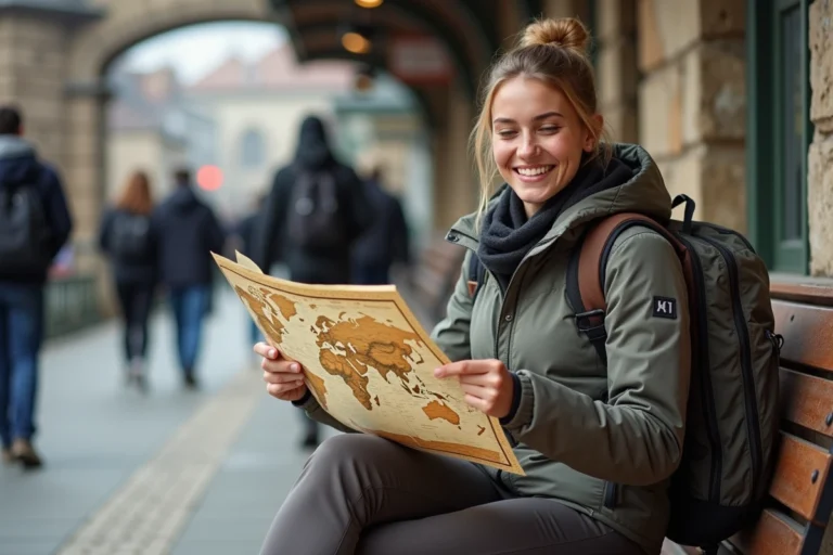 Jeune femme souriante avec sac à dos et carte du monde