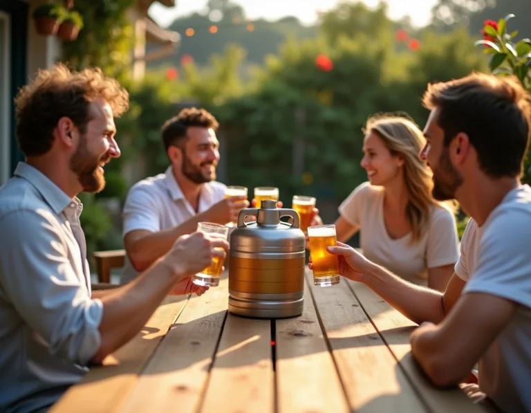 Fût de panaché 5L sur une table de jardin entouré d'amis lors d'une soirée conviviale en plein air