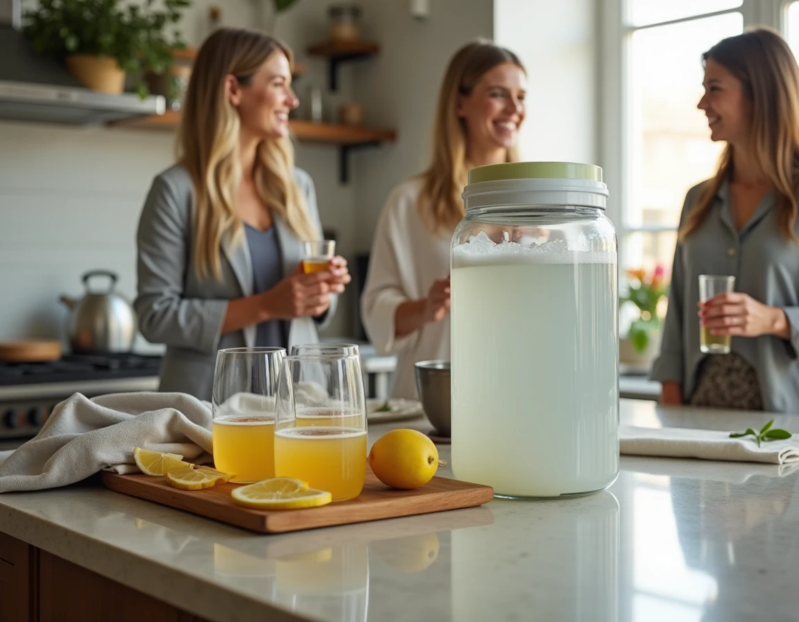Fût de panaché 5L sur un comptoir de cuisine avec des verres et des citrons, concept zéro gaspillage pour une soirée