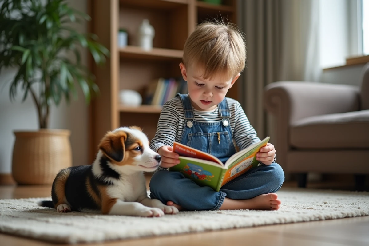 Garcon lit un livre avec un chiot dans le salon