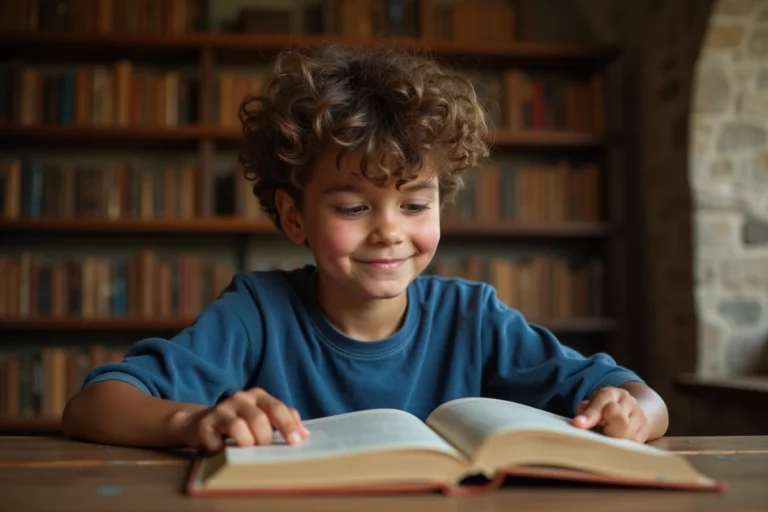 Jeune garçon Noah lisant un vieux livre dans une bibliothèque ancienne