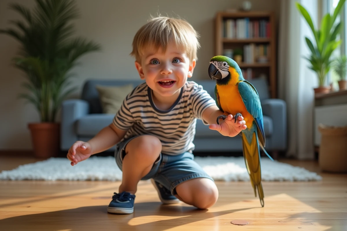 Garçon avec perroquet dans un salon familial