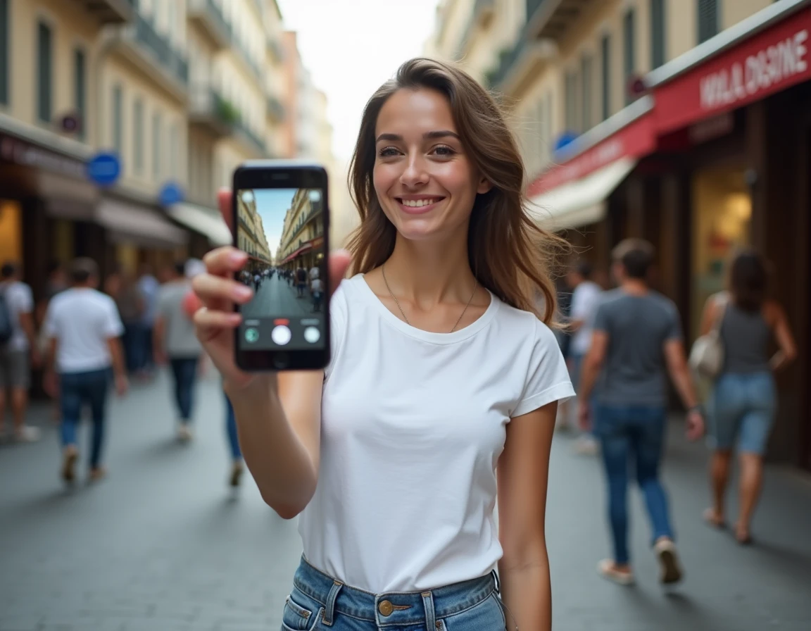 Une femme utilisant la fonction de traduction par appareil photo de Google Traduction sur son smartphone dans une rue étrangère