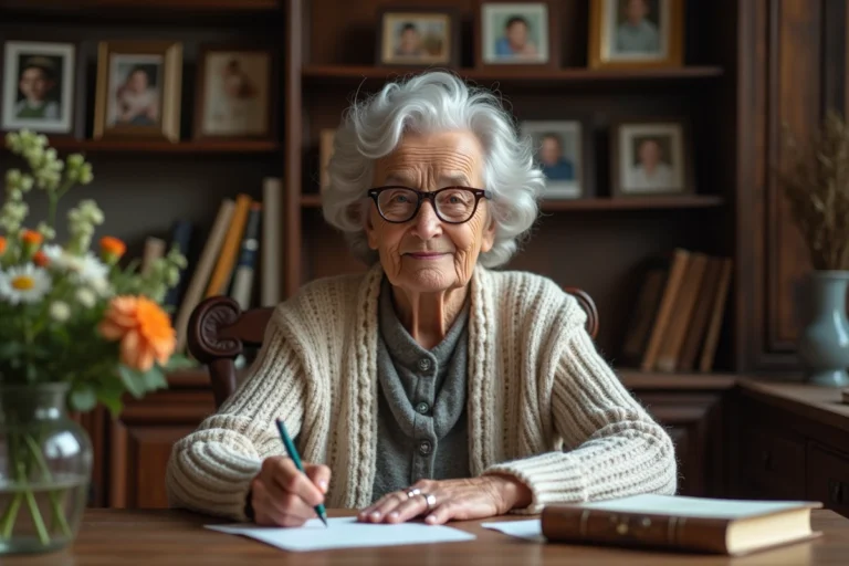 Grand-mère aux cheveux gris écrit une lettre chaleureuse