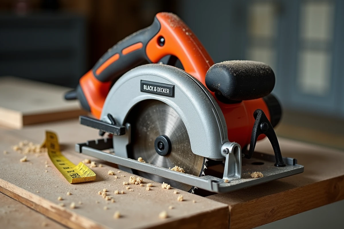 Gros plan sur la scie circulaire Black & Decker CD601 posée sur un établi avec de la sciure et un mètre ruban