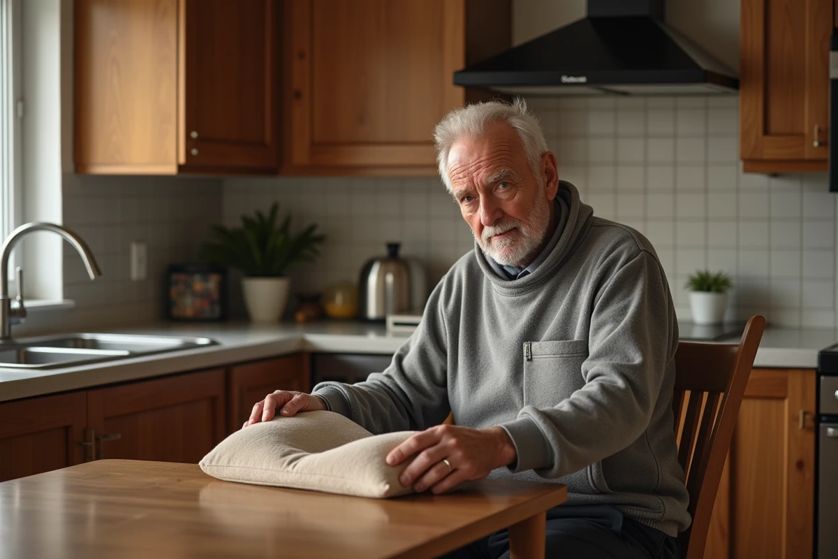 Homme âgé posant un coussin chauffant à la maison