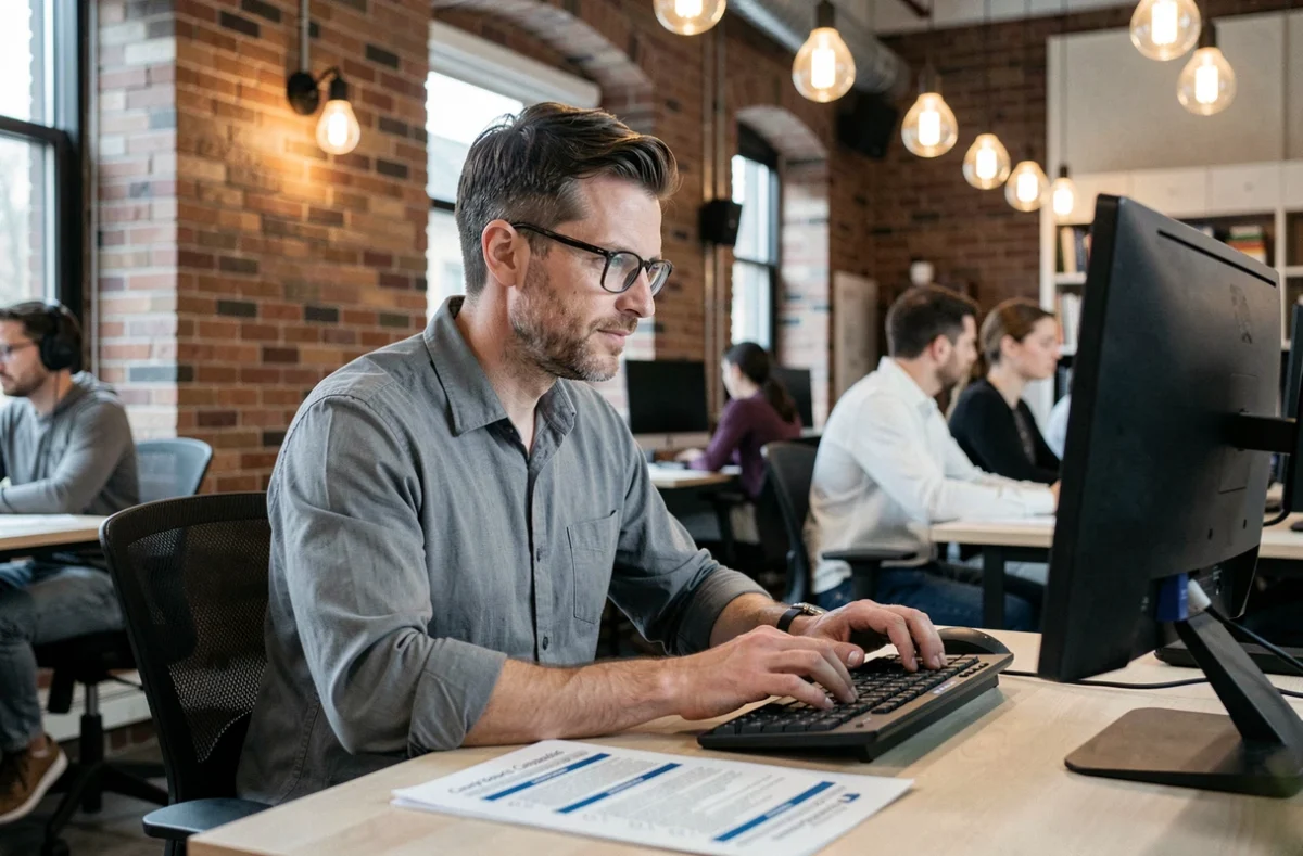Homme consultant une liste de conformité légale pour son site web dans un espace de co-working