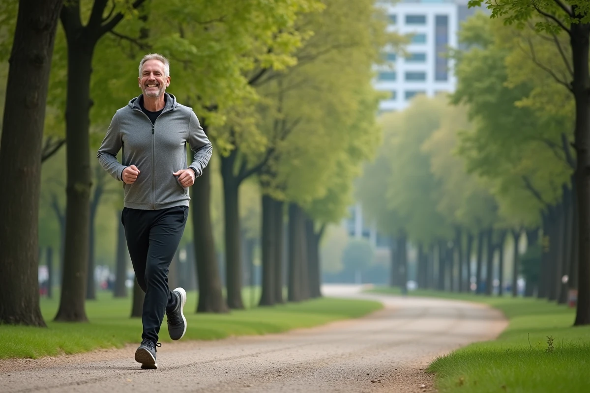 Homme courant dans un parc urbain en tenue active