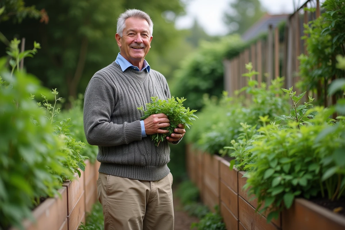 Homme récoltant des feuilles de menthe dans un jardin d