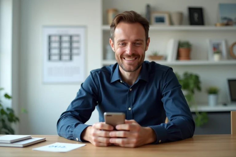 Homme d'âge moyen vérifiant son smartphone dans un bureau français