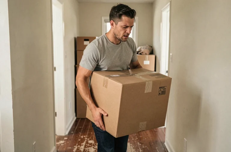Homme portant un carton lors d'un déménagement rapide dans un appartement
