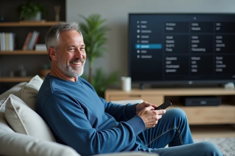Homme souriant utilisant la télécommande sur un téléviseur