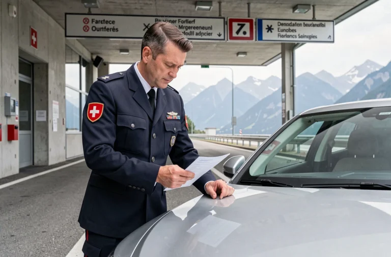 Agent des douanes suisses vérifiant les documents d'homologation d'une voiture importée à un poste frontière
