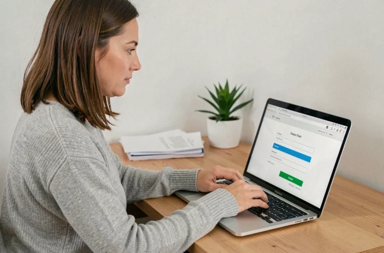 Femme connectée à son espace personnel MyArkevia depuis son bureau à domicile
