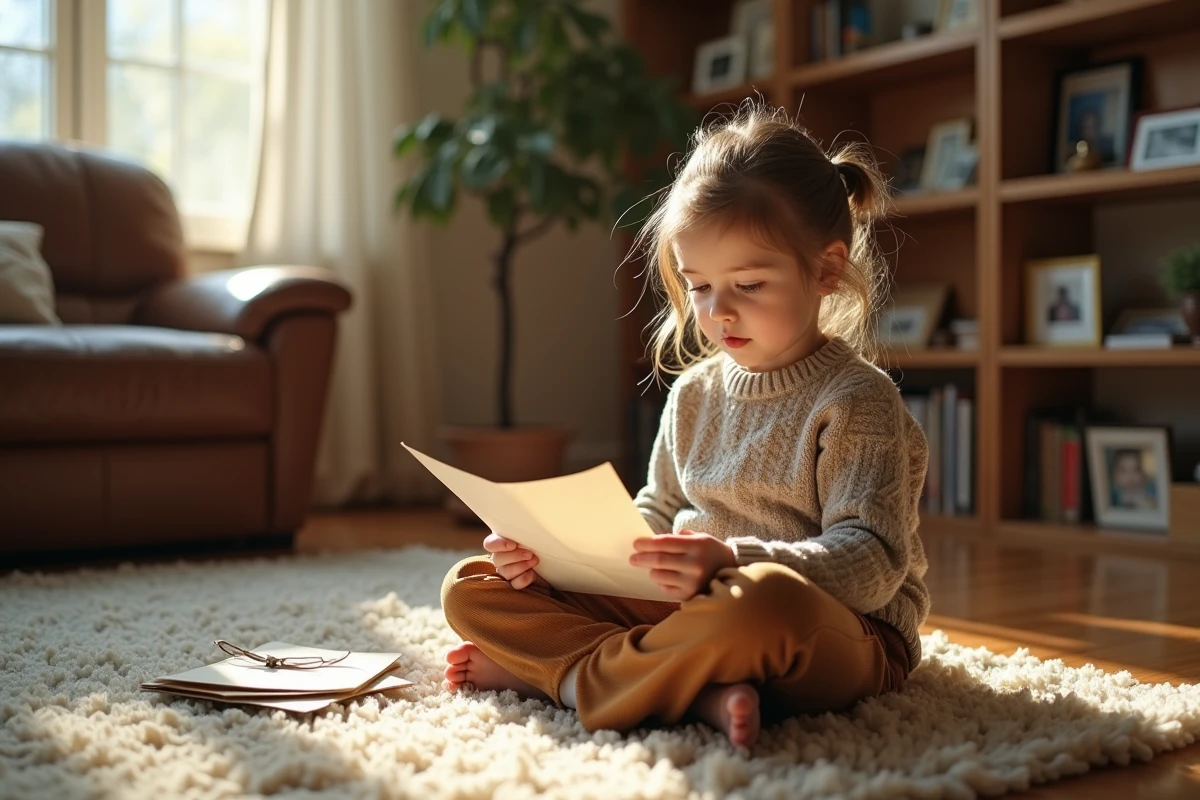 Jeune fille lit une lettre dans un salon ensoleille
