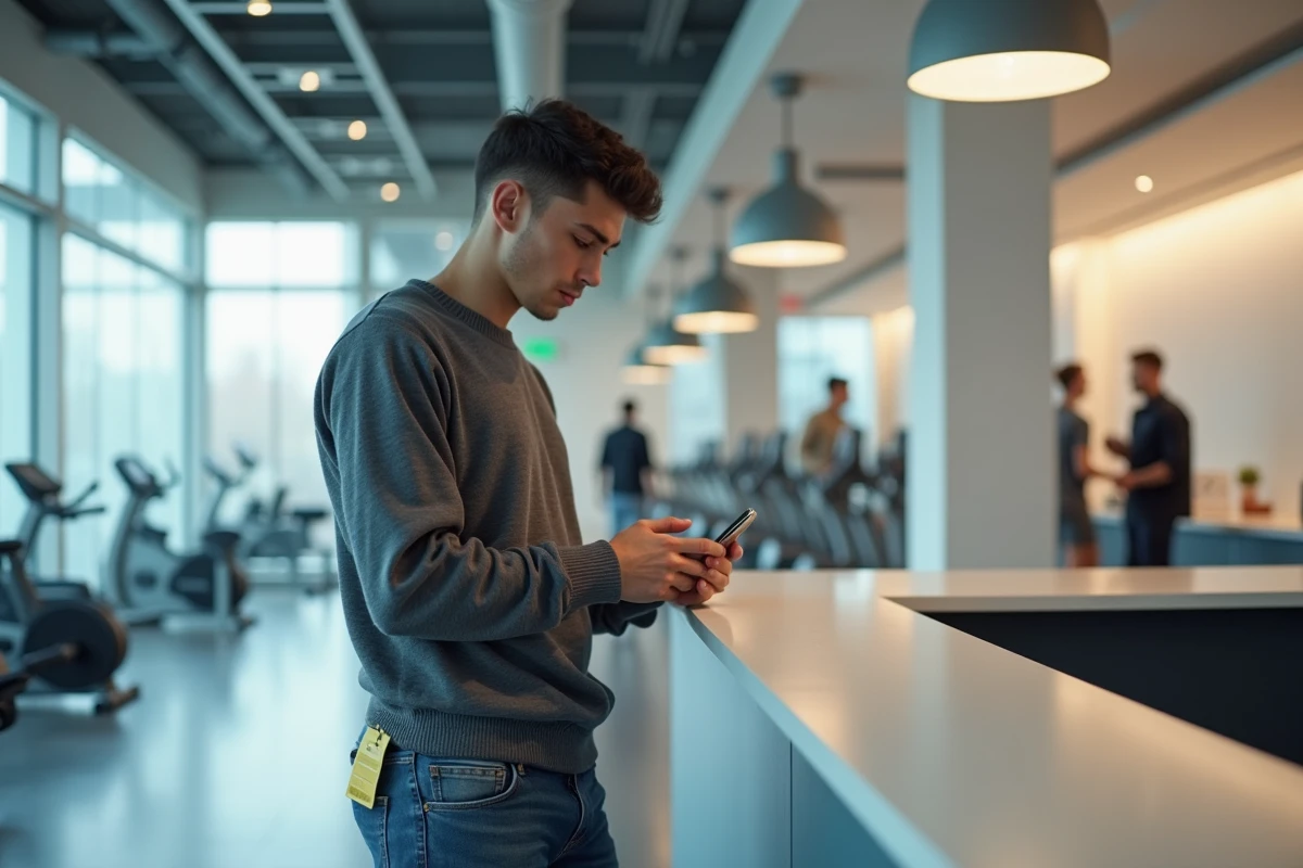 Jeune homme utilisant son smartphone près de la réception de la salle de sport
