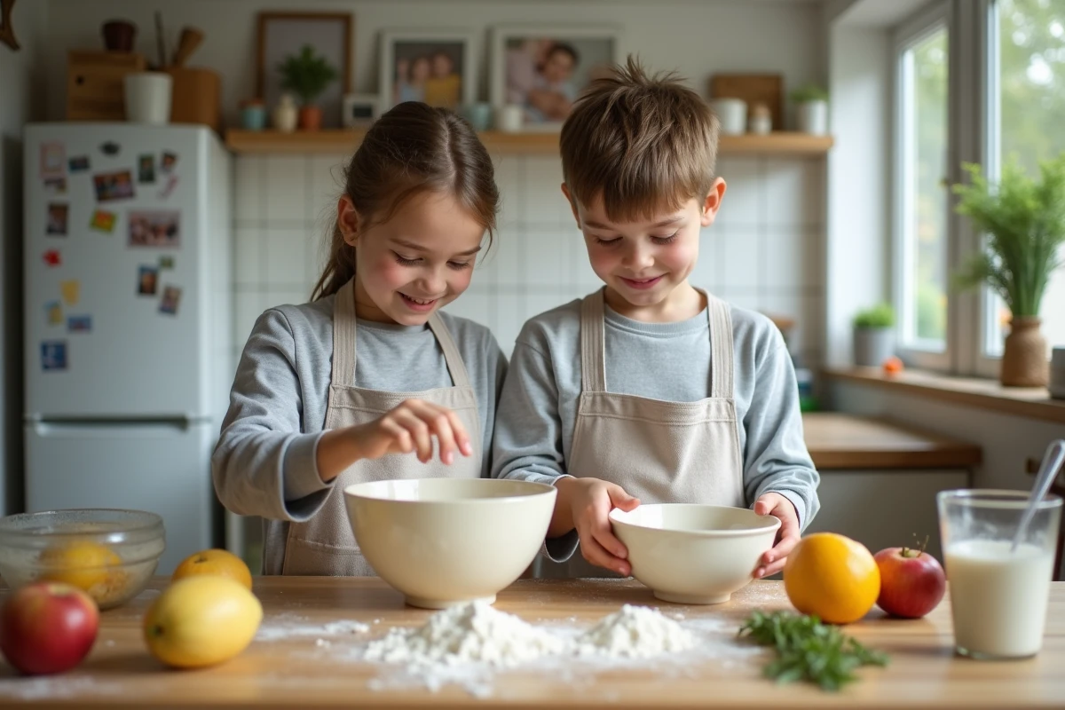 Adolescents préparant une recette dans la cuisine
