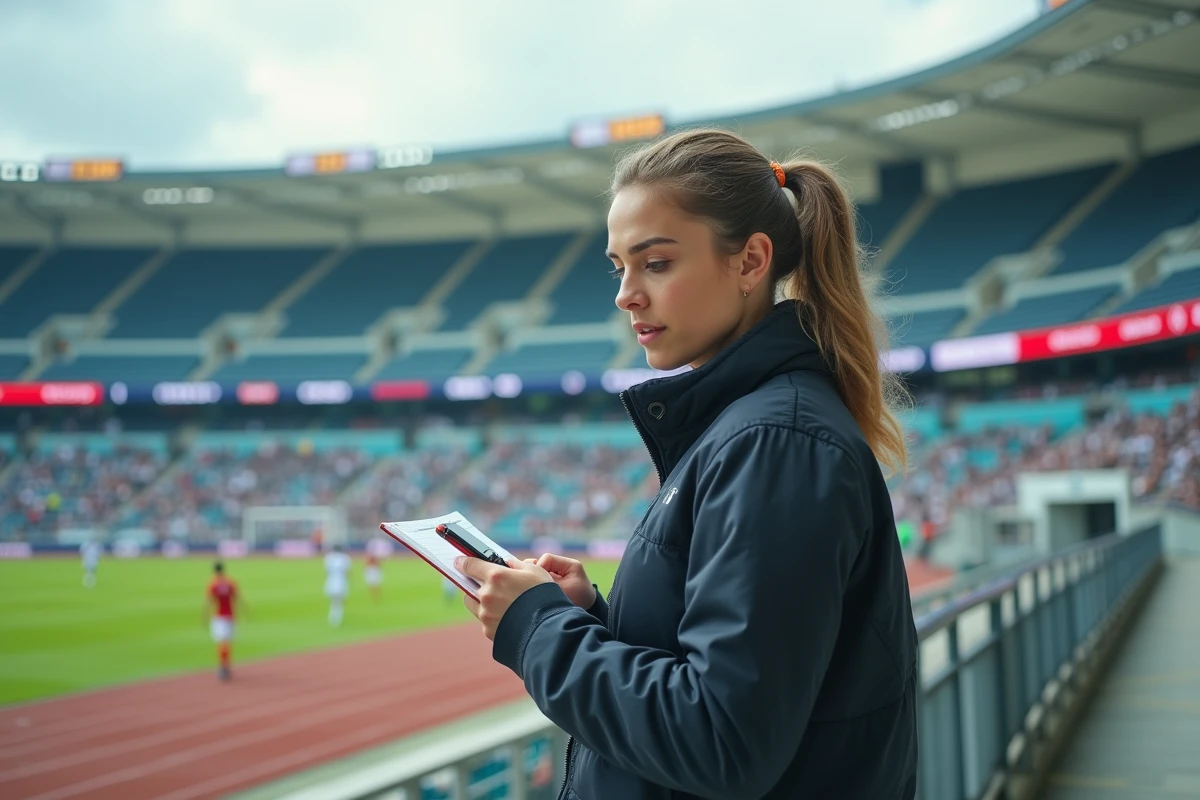 Journaliste sportive en extérieur près du stade