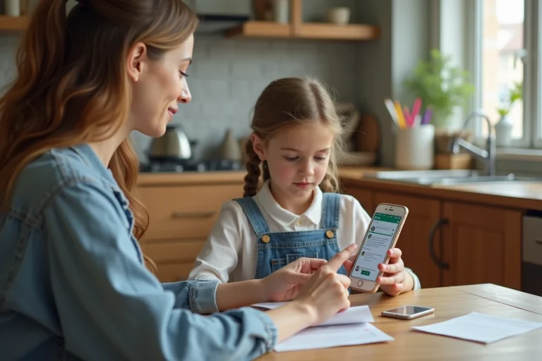 Maman et fille utilisant l'application Educartable dans la cuisine