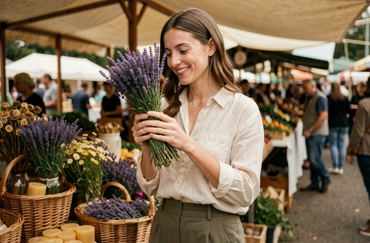 Jeune femme choisissant de la lavande fraîche au marché pour une beauté naturelle au quotidien