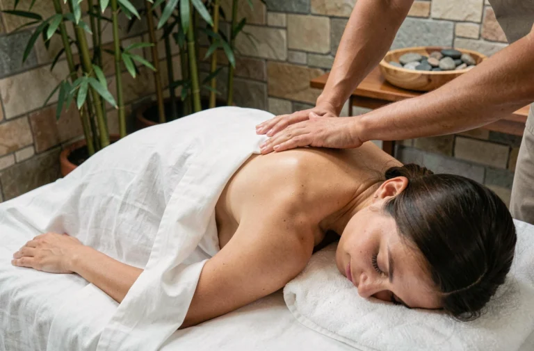 Femme allongée sur une table de massage bien-être dans un spa zen, recevant un massage du dos apaisant pour réduire le stress