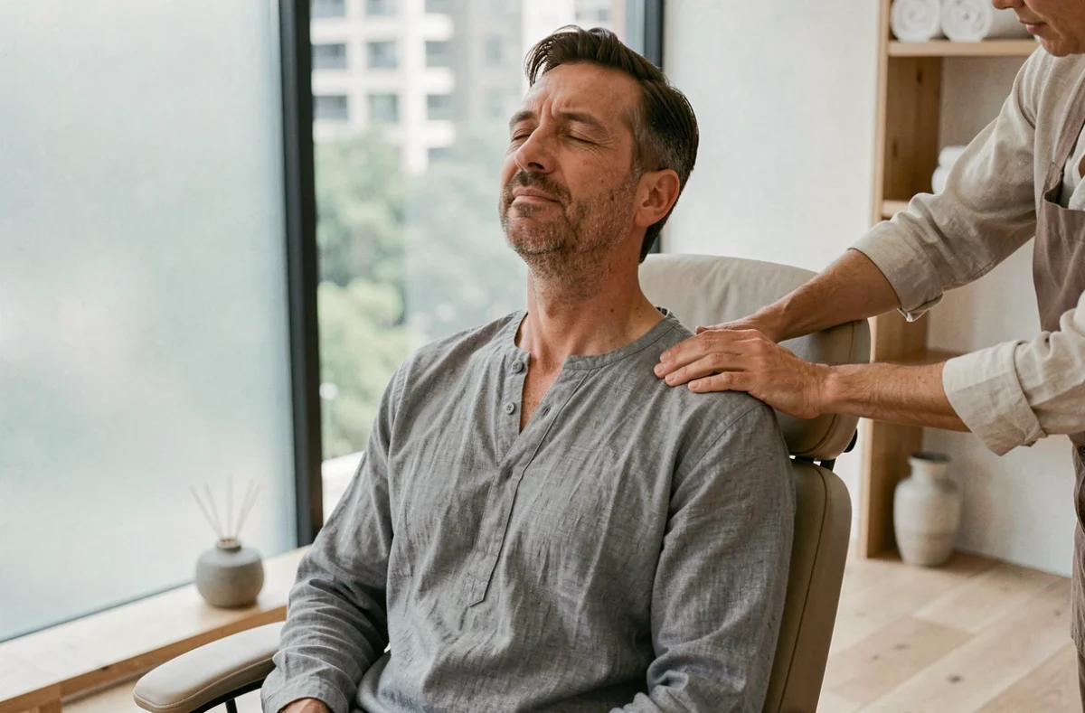 Homme recevant un massage shiatsu dans un studio bien-être moderne pour soulager la tension musculaire et le stress quotidien