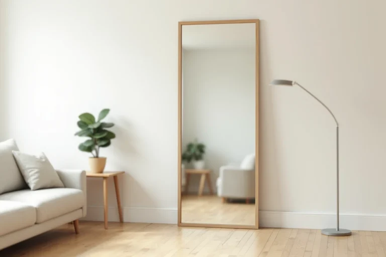 Grand miroir au sol stabilisé sans perçage contre un mur blanc dans un salon scandinave minimaliste avec console en bois