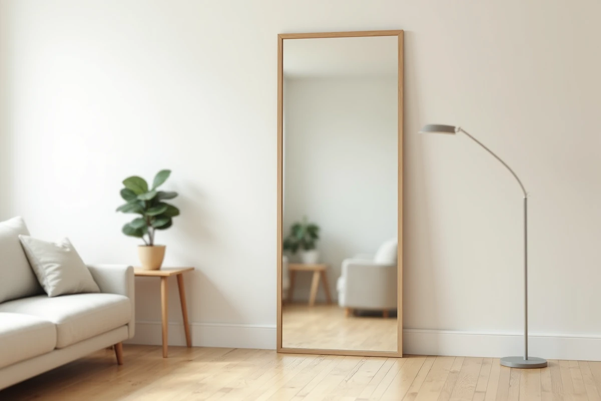 Grand miroir au sol stabilisé sans perçage contre un mur blanc dans un salon scandinave minimaliste avec console en bois