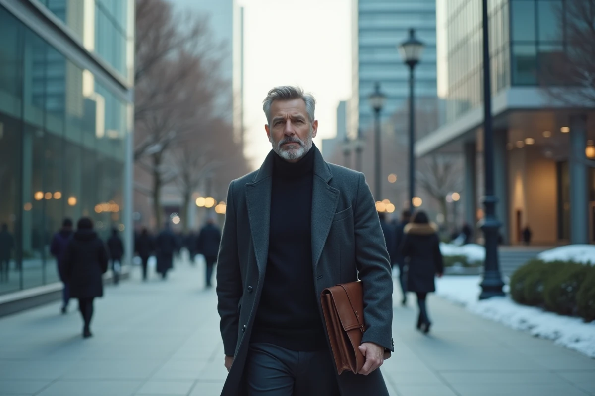 Homme professionnel et ambitieux marchant dans une avenue urbaine moderne avec détermination