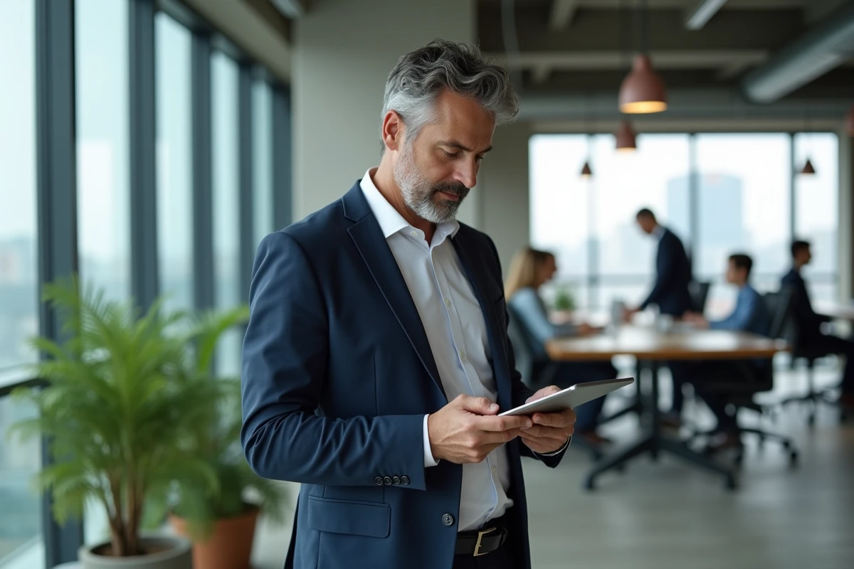 Nik Lasson, professionnel inspirant, en costume marine dans un bureau moderne avec vue sur la ville
