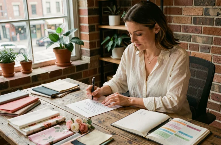Femme organisant un mariage avec une checklist manuscrite et des échantillons de tissu sur un bureau en bois rustique