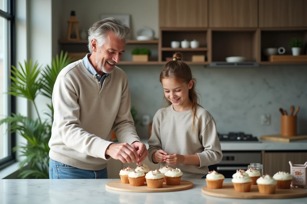Pere et fille decorant des cupcakes dans la cuisine