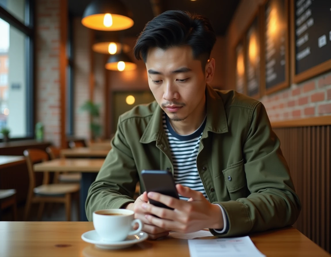 Un homme utilisant l'application Papago pour traduire un menu en coréen dans un café moderne