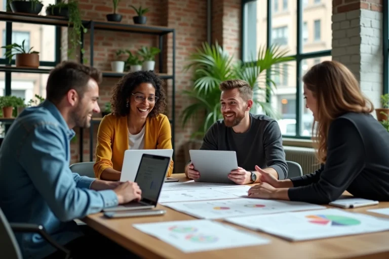 Groupe de professionnels du web en réunion collaborative autour d'une table dans un espace de coworking moderne