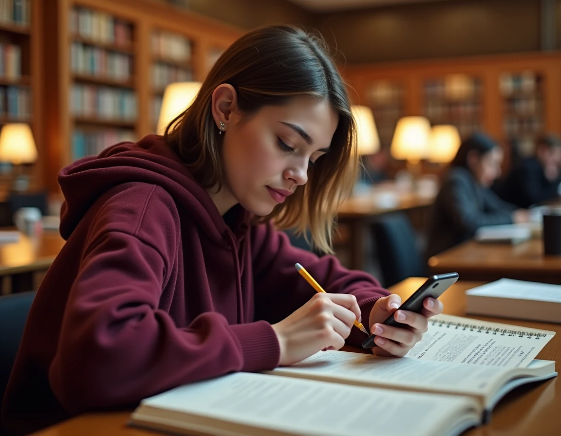Une étudiante consultant l'application Reverso sur son smartphone dans une bibliothèque universitaire avec des manuels ouverts