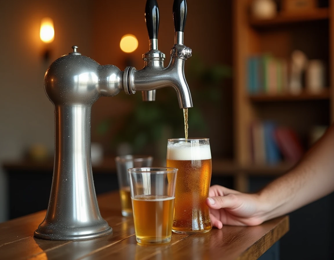 Gros plan sur le robinet d'un fût de panaché 5L versant une bière dans un verre, soirée à domicile