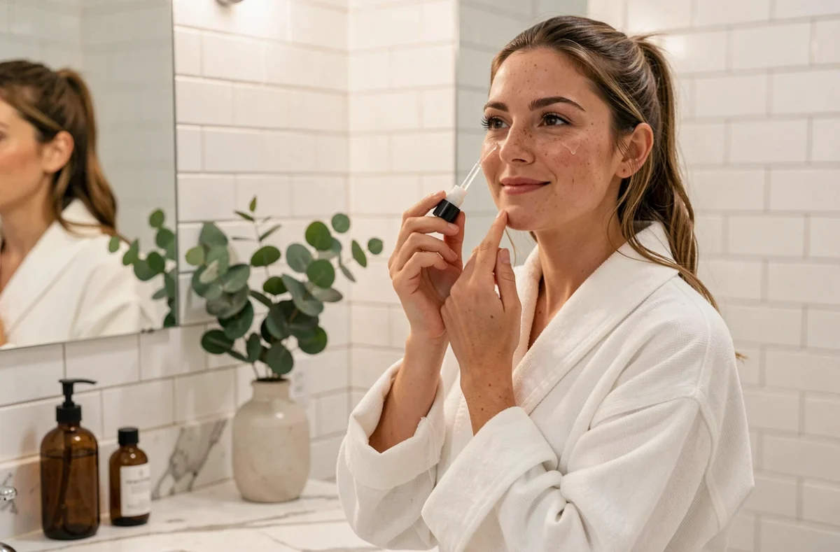 Femme appliquant un sérum visage dans une salle de bain épurée pour sublimer sa beauté naturelle