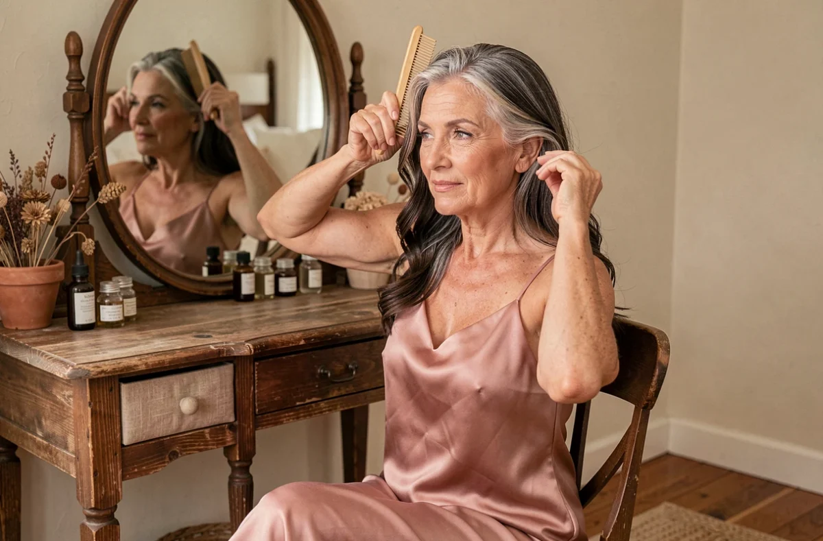 Femme mature prenant soin de ses cheveux naturels devant un miroir pour sublimer sa beauté au quotidien