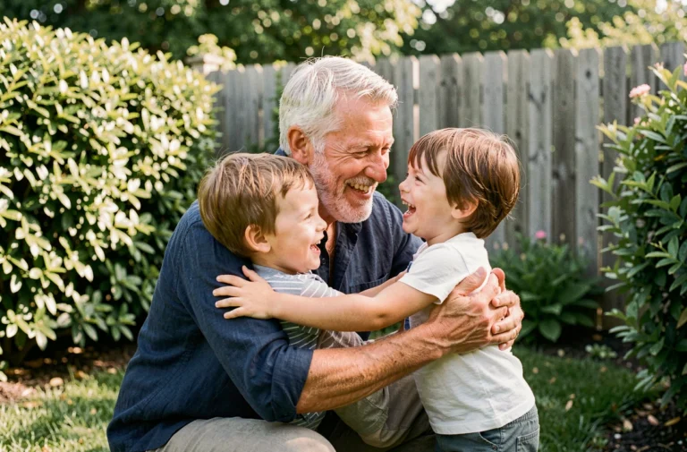 Grand-père moderne souriant qui serre ses petits-enfants dans ses bras dans un jardin, illustrant les surnoms affectueux de grand-père en famille