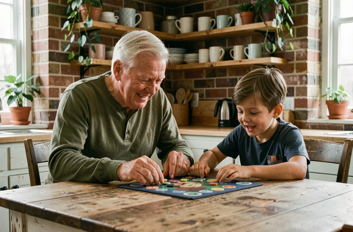 Grand-père et petit-enfant jouant à un jeu de société ensemble dans une cuisine rustique, image illustrant la complicité et les nouveaux surnoms de grand-père