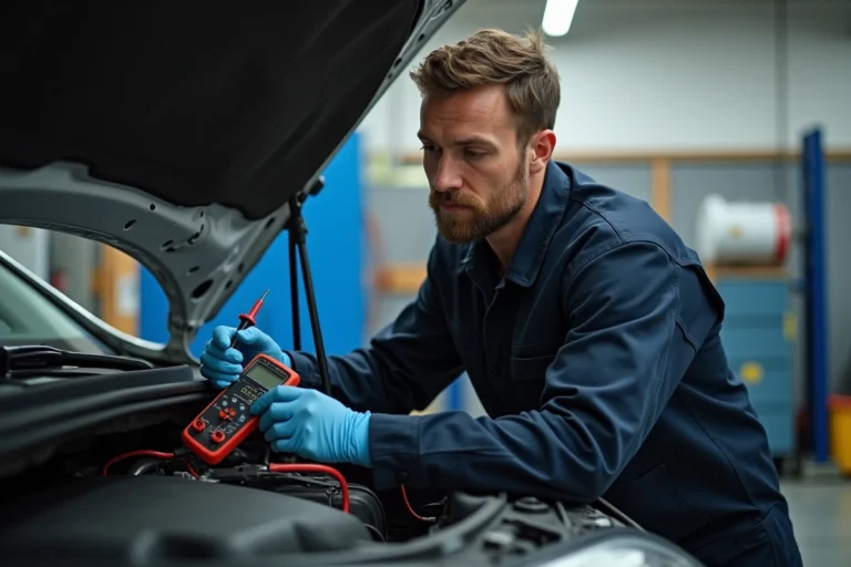Technicien automobile inspectant un boîtier BPGA ouvert avec un multimètre numérique sous le capot d'une voiture en atelier
