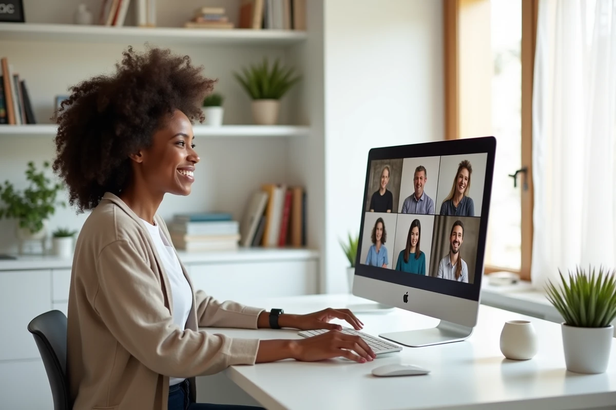 Professionnelle du web en télétravail participant à une réunion en ligne via visioconférence depuis son bureau à domicile