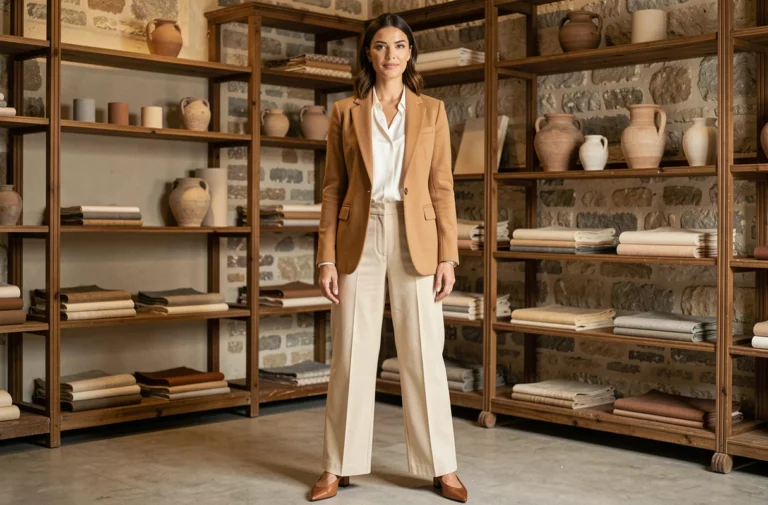 Femme élégante portant un blazer camel et un pantalon large ecru dans une boutique parisienne au décor en pierre apparente