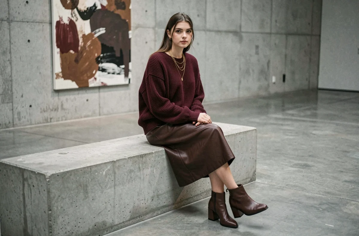 Jeune femme assise en pull oversize bordeaux et jupe en cuir marron dans un espace galerie minimaliste aux murs en béton brut