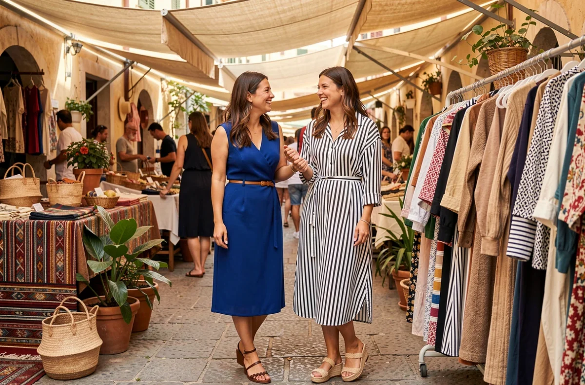 Deux femmes élégantes qui rient en faisant du shopping dans un marché de mode en plein air méditerranéen avec des tenues tendance