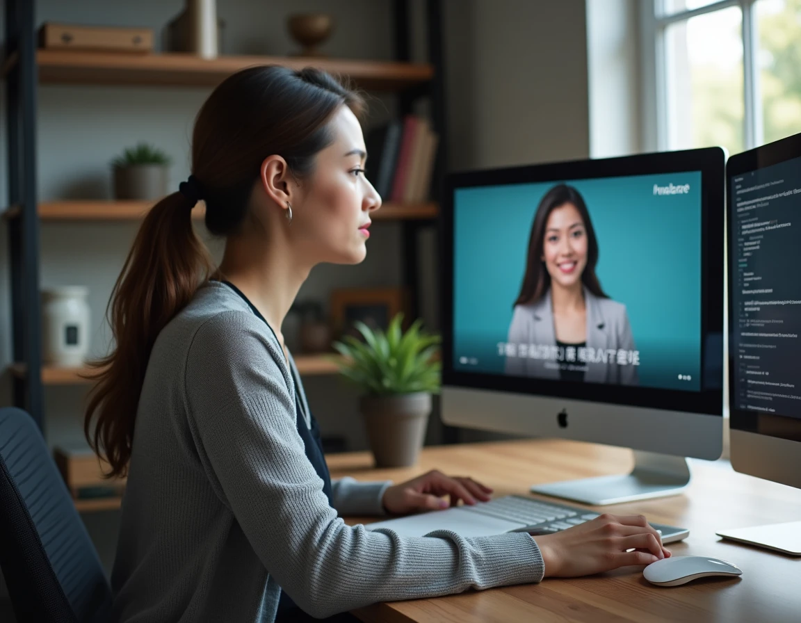 Une femme regardant une vidéo avec des sous-titres traduits en temps réel grâce au logiciel Translate On Screen sur son ordinateur